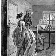 A woman is about to shut the door of a garret as a man can be seen looking in from the other side