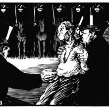 At night, a man with a blank face is pushed by two others toward an off-frame guillotine
