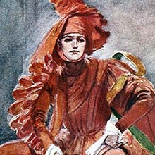 A man wearing fourteenth-century clothes and a spectacular headdress sits facing the viewer