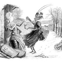 An anthropomorphous grasshopper stands in a winter landscape carrying a guitar and talking to ant