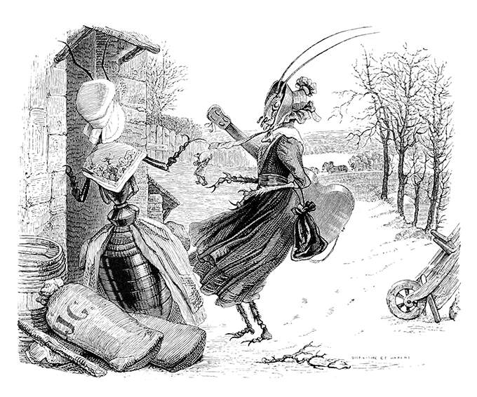 An anthropomorphous grasshopper stands in a winter landscape carrying a guitar and talking to ant