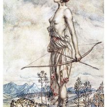 A bare-chested woman stands holding a bow and arrow to her side ax a leopard licks her feet