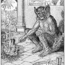 A one-eyed monster with large ears sits by a fire and holds a spit on which a man is roasting