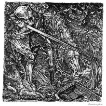 A knight in armor walks beside his horse on a river bank and discovers a half-sunk rowboat