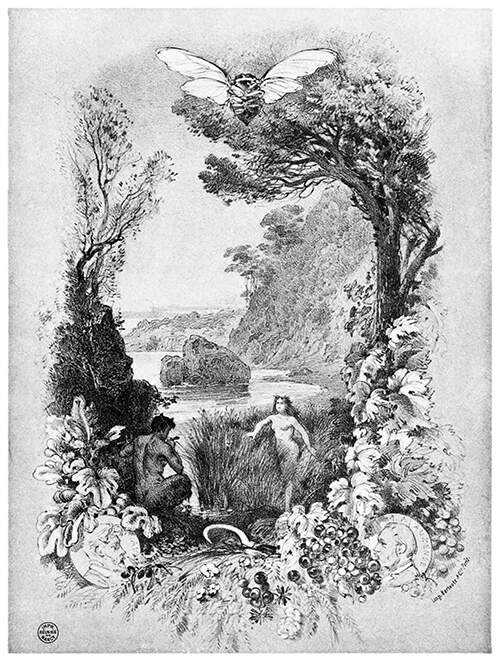 A nymph makes her way through towards a satyr playing the flute in a coastal landscape