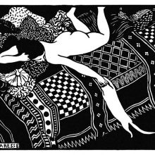 A woman is lying naked on her bed, nonchalantly playing with a cat