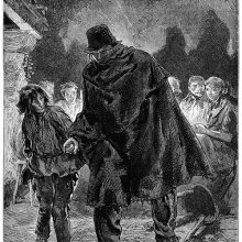 A blind man in a hat and tattered cloak takes the hand of a young boy to be led away