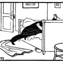 A person lying in bed is being stabbed by a man whose head is hidden by the bedhead