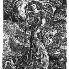 A man stands with a broken spear and his shield as the Tower of Babel burns in the background