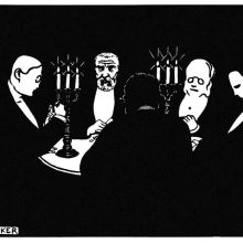 Five card players are sitting in a dark room around a table lit by two candelabras