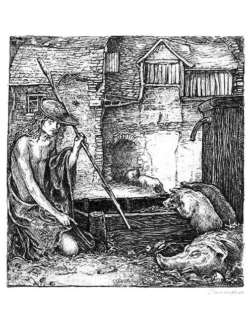 In a farmyard, a swineherd is kneeling beside a trough from which two piglets are eating