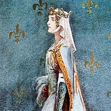 A queen in ceremonial fourteenth-century dress walks up a flight of stairs