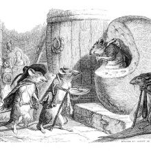 Two rats have come to beg for alms to a another rat who has made his home in a Holland cheese