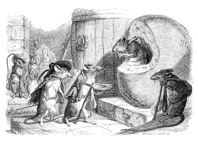 Two rats have come to beg for alms to a another rat who has made his home in a Holland cheese