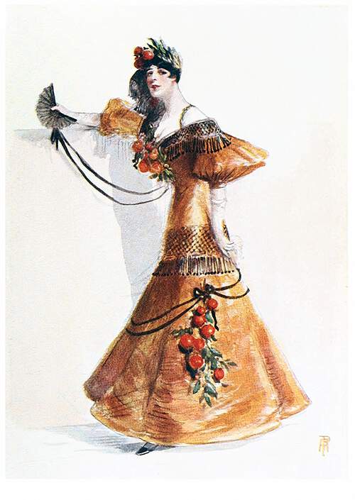A woman stands holding out a fan as orange dress are decorated with bunches of oranges