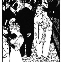 In a crowded public place, two women exchange glances with a man as they walk past him