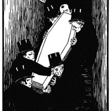 Undertakers are seen carrying a coffin down a flight of stairs