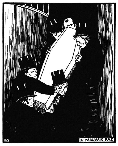 Undertakers are seen carrying a coffin down a flight of stairs