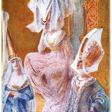 Three women dressed in the medieval fashion are wearing different kinds of hennins