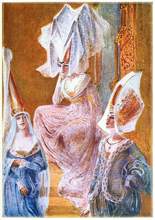 Three women dressed in the medieval fashion are wearing different kinds of hennins