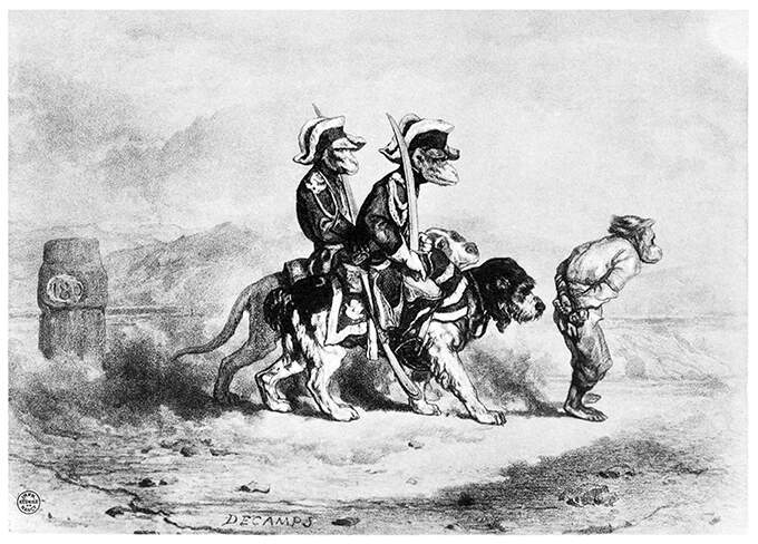 Two monkeys in uniform mounted on dogs escort a prisoner walking in front of them