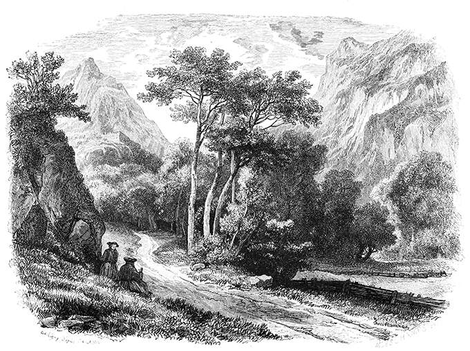 View of the Aosta valley with two travelers on the side of a road and mountains in the background
