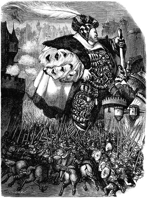 A giant is destroying a castle with his staff as tiny soldiers charge to try to stop him