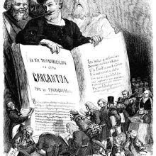 Frontispiece of Œuvres de François Rabelais showing the author holding open a gigantic book