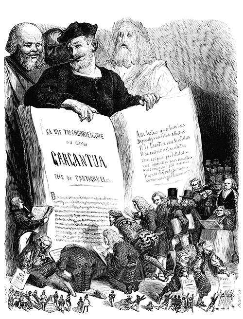 Frontispiece of Œuvres de François Rabelais showing the author holding open a gigantic book