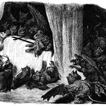 A woman is grieving next to a bed where a dead body is lying as monstrous creatures fill the room