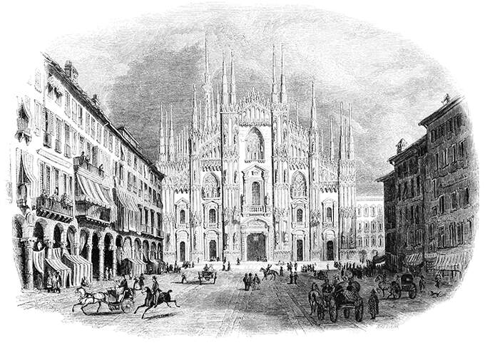 West front of the Milan Cathedral and the square, busy with pedestrians and carriages
