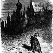 A stooped figure carrying two axes is seen from behind walking toward a medieval-looking city