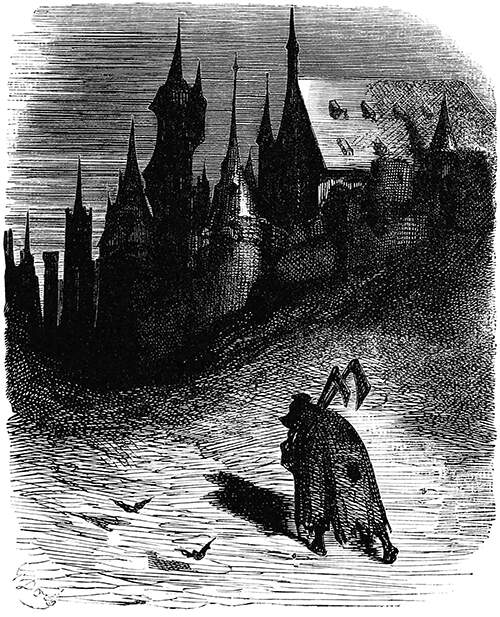 A stooped figure carrying two axes is seen from behind walking toward a medieval-looking city