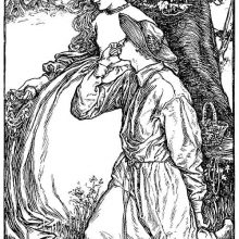 A woman is sitting under a tree as a man kneeling beside her kisses her hand