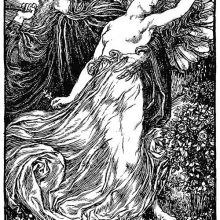 A winged and bearded man has his arm around the waist of a young woman and moves her along