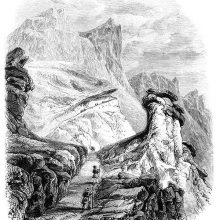 Hikers can be seen on a rocky mountain path, heading to the summit which towers high above them