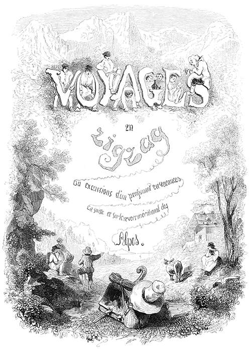 Title page of Voyages en zigzag showing letters decorated with figures and an alpine landscape