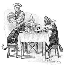 The Cat, Pinocchio, and the Fox are sitting around a table having a meal