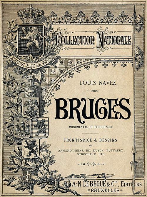Front cover of Bruges showing a decoration of armorial bearings, foliage, and medieval ornaments