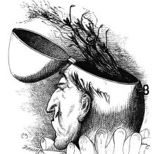 A flurry of phantasmagoric creatures flies out of amale head with the top of the skull tipped open