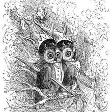 Two owls are sitting on a branch as two sprite creatures sneak behind them to steal hats