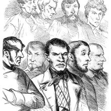Portrait of nine men presumably standing in the dock and split in two rows