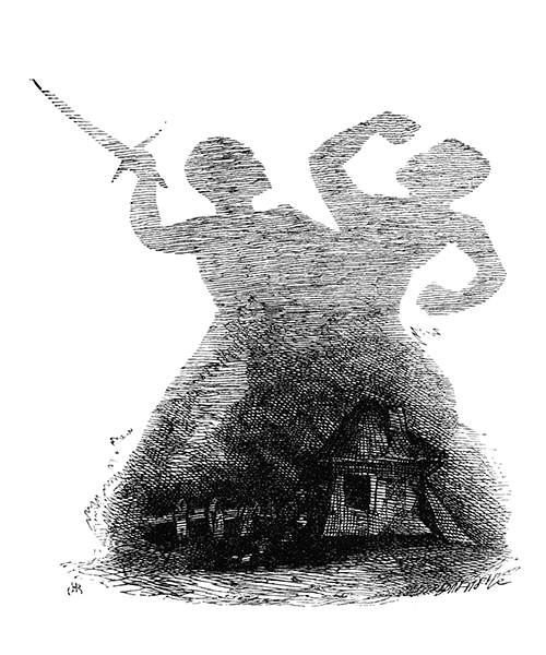 The tall shadows of two men fighting are projected behind a small hut