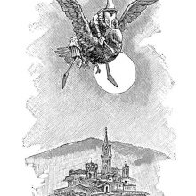 Pinocchio rides a pigeon flying over a city as the full moon can be seen behind them