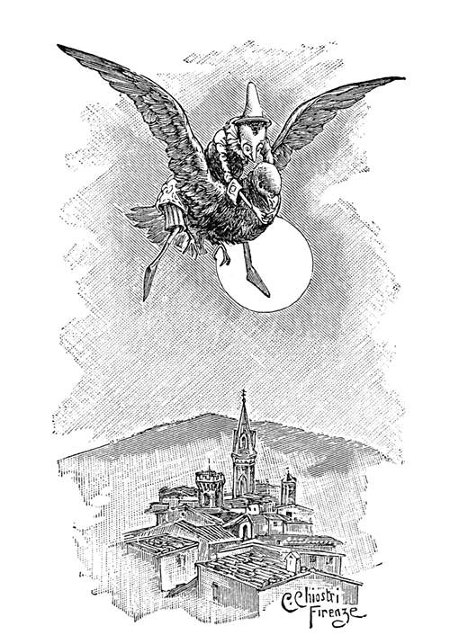 Pinocchio rides a pigeon flying over a city as the full moon can be seen behind them