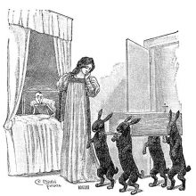 Four rabbits walk into Pinocchio's bedroom on their hind legs, carrying a coffin past the Fairy as Pinocchio watches from the bed.