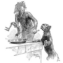 The Fisherman with his monstrous face holds Pinocchio by the legs above a frying pan