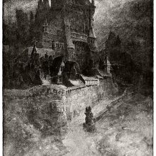 A silhouette stands by the wall enclosing a tall castle rising toward the stormy sky