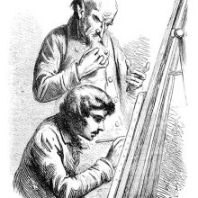 A painter is sitting at an easel and working under the supervision of a bald, older man