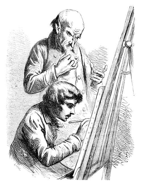 A painter is sitting at an easel and working under the supervision of a bald, older man
